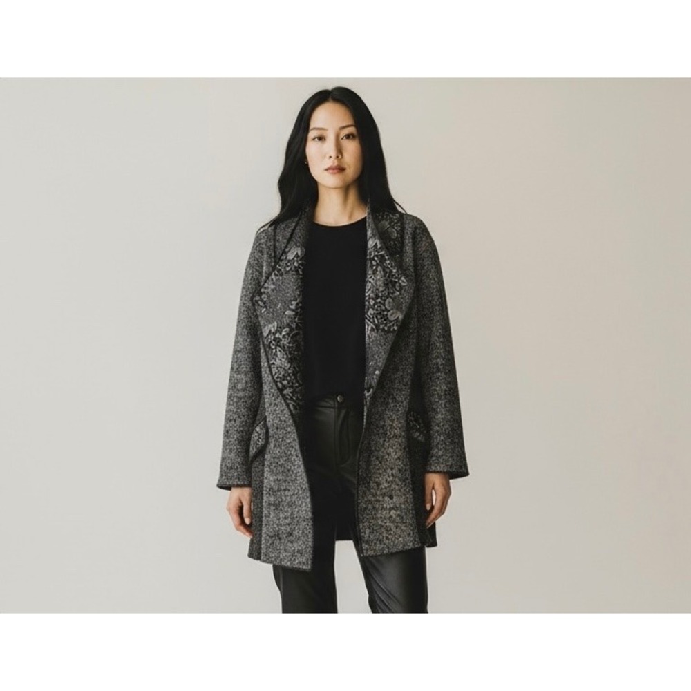 ANNA BELLA Size Medium Textured Jacquard Shawl Collar‎ Coat Black Gray